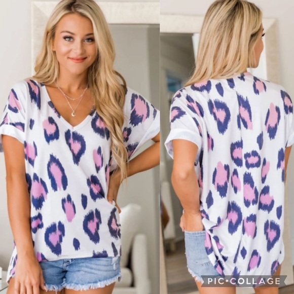 Tops - ANIMAL Print V Neck Short Sleeves Top
